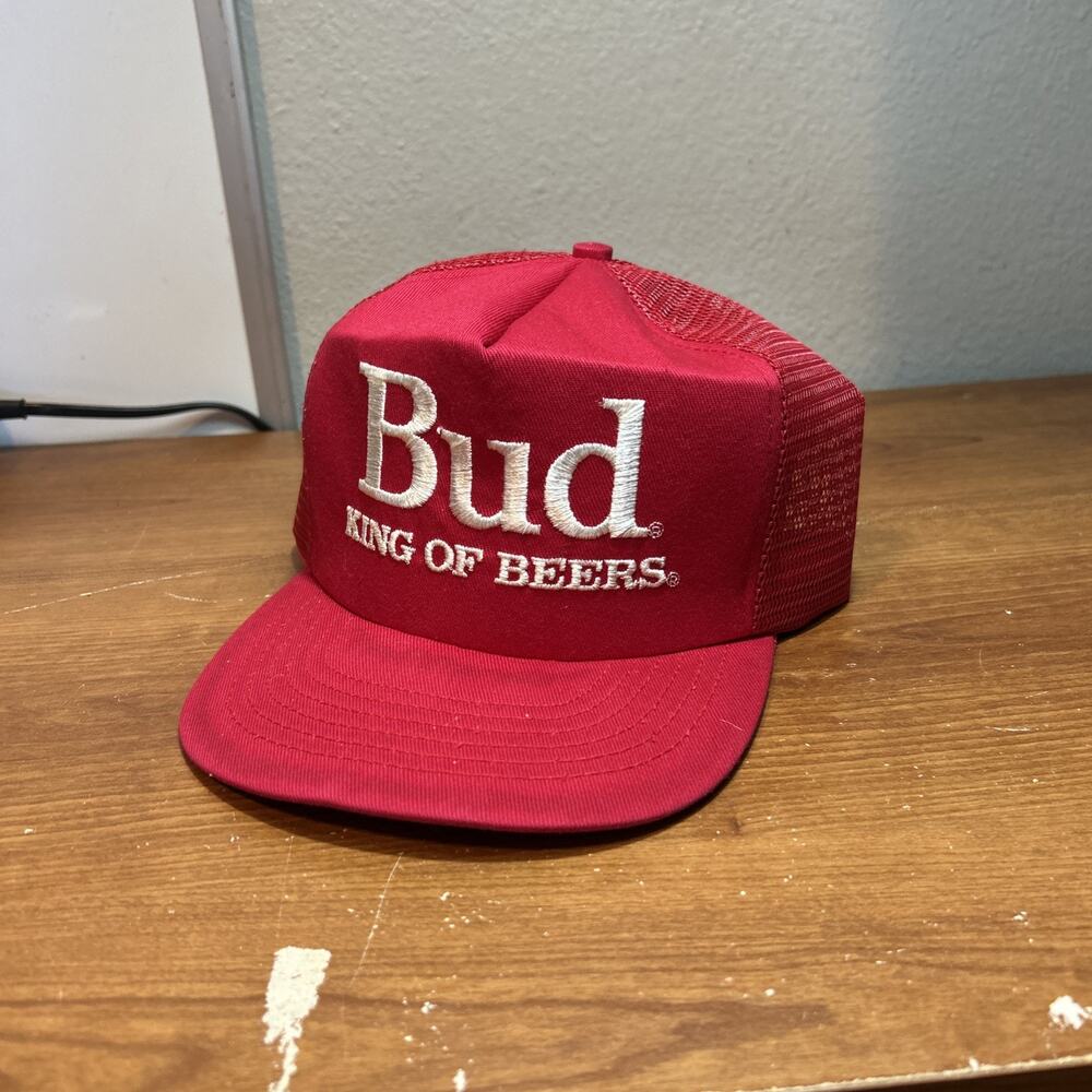 Vintage Budweiser King Of Beers Trucker Snap Back Hat Cap Red Swingster USA Made